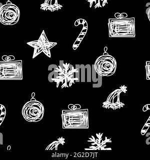 Nahtloses Wintermuster. Weiße verwickelte Linie Weihnachtselemente auf schwarzem Hintergrund. New Years Ball, Geschenk, Süßigkeiten, Schneeflocke, Stern. Vektorgrafik Stock Vektor