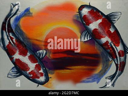 Kunstmalerei Acryl, Koi Fisch, Hintergründe für Design, Komposition, Ausland, Vermögen Stockfoto