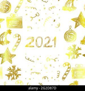 Weihnachten nahtlose chaotisch Vektor-Muster. Stern, Geschenk, Ball, Süßigkeiten, Schneeflocke, Weihnachtsmütze auf weißem Hintergrund. Handgezeichnete, verworrene goldene Linie Christi Stock Vektor