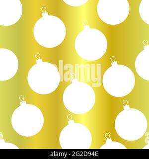 Nahtloses Vektor-Goldenes Muster. Niedliche weiße Weihnachtskugeln auf einem goldenen Hintergrund. Silhouetten von festlichen Dekorationen auf einem glänzenden Hintergrund. Neujahr Stock Vektor