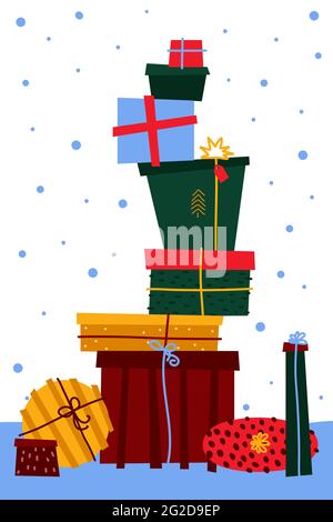 Weihnachtsgeschenke im skandinavischen Stil Konzept. Haufen von farbigen Geschenken isoliert auf Schnee Hintergrund. Neujahrsgrüße eingestellt. Dekorierte Boxen mit Ribbo Stock Vektor