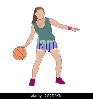 Basketball. Weibliche Basketballspielerin mit einer Kugel, farbige Silhouette. Einfacher Stil Stock Vektor
