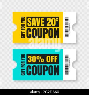 Vektor-Coupon-Rabatt isoliert. Geschenkgutschein für Unternehmen. Satz von Gutscheinen für Werbeaktionen. Stock Vektor