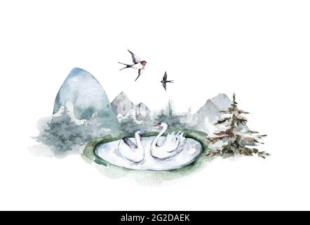 Aquarell Mountain Wasserfall Hand gezeichnet Aquarell isolierte Landschaft mit Wald Und Berge weißen Hintergrund Stockfoto