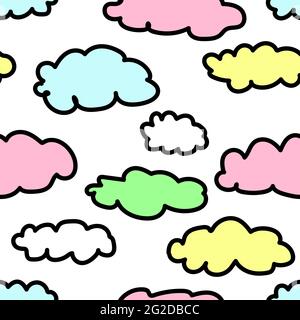 Bunte Wolken nahtloses Muster. Netter Hintergrund für Tapete, Geschenkpapier, Textil, Design für Kinder. Rosa, gelb, blau, grün handgezeichnet cl Stock Vektor