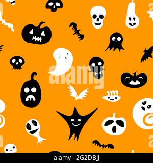 Nahtloses Happy Halloween Muster. Schwarz-weißer Geist, Kürbis, Skelett, Schädel auf orangefarbenem Hintergrund. Niedliche gruselige Horror-Charaktere für Herbstferien Ha Stock Vektor