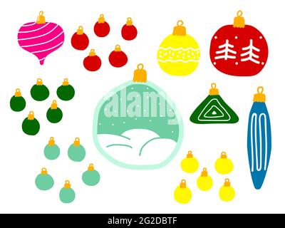 Satz von weihnachtlichen farbigen Kugeln isoliert auf weißem Hintergrund. Rot, gelb, grün, blau festliche Dekoration. Vektor-Neujahrsdarstellung. Cute Hand-dr Stock Vektor