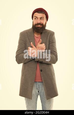Schule der guten Manieren. Tipps und Tricks schöner Mann. Modischer Hipster-Mann. Bärtig und hübsch. Selbstverbesserungskonzept. Sorgloser Hipster Stockfoto