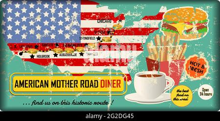 Grungy Route sechsundsechzig Diner und Fast-Food-Schild mit Straßenkarte, Retro-grungy Vektor-Illustration Stock Vektor