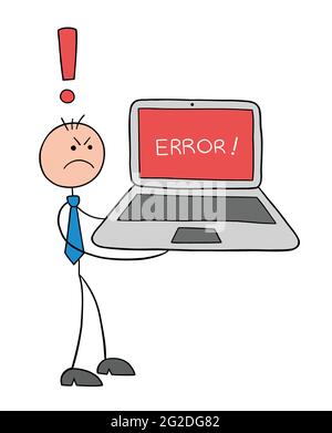 Stickman Geschäftsmann Charakter wütend, weil Laptop-Fehler, Vektor-Cartoon-Illustration. Schwarz umrandet und farbig. Stock Vektor