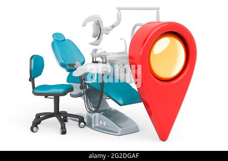 Standortkonzept der Zahnklinik. Kartenzeiger mit Zahnarztstuhl-Einheit, 3D-Rendering isoliert auf weißem Hintergrund Stockfoto