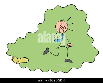 Stickman Geschäftsmann Charakter bedeckt seine Nase von dem bösen Geruch von Socken und läuft weg, Vektor-Cartoon-Illustration. Schwarz umrandet und farbig. Stock Vektor