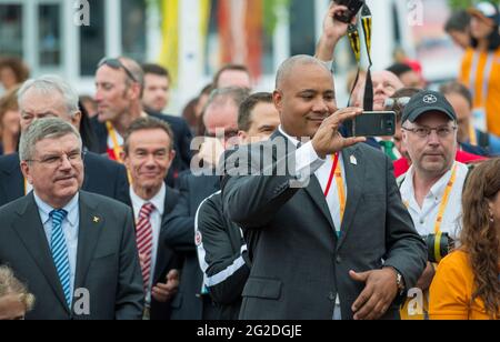 PanAm-Persönlichkeiten: Die kanadische Delegation traf im Sportlerdorf PanAm 2015 in Toronto ein, wo die Multisportspiele mit Starrens gefeiert werden Stockfoto