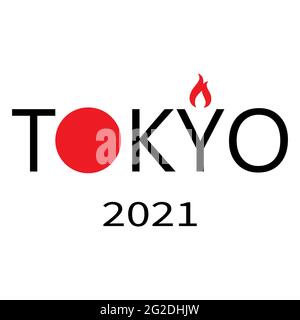 XXXII Olympische Sommerspiele in Japan. Tokio 2021. Das Symbol der Olympischen Spiele ist die angezündete olympische Fackel. Willkommen in Japan. Für Logo, Aufkleber, Banner Stock Vektor