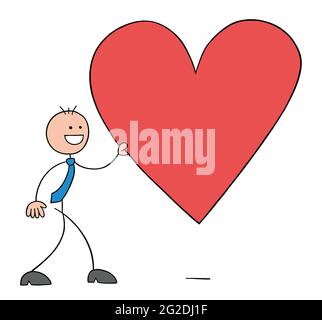 Stickman Geschäftsmann Charakter zu Fuß und halten großes Herz Symbol, Vektor-Cartoon-Illustration. Schwarz umrandet und farbig. Stock Vektor