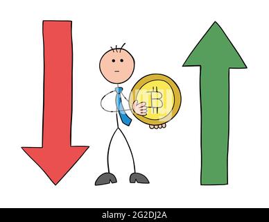 Stickman Geschäftsmann Charakter hält Bitcoin Münze und mit Pfeilen nach unten und oben bewegen, Vektor-Cartoon-Illustration. Schwarz umrandet und farbig. Stock Vektor