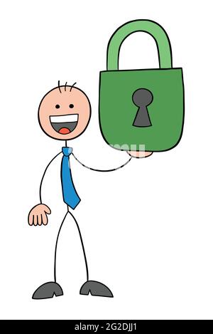 Stickman Geschäftsmann Charakter glücklich und mit geschlossenem Vorhängeschloss, Vektor-Cartoon-Illustration. Schwarz umrandet und farbig. Stock Vektor