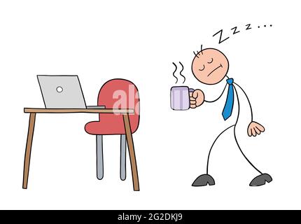 Stickman Geschäftsmann Charakter sehr verschlitzt, zu seinem Schreibtisch mit Kaffee, Vektor-Cartoon-Illustration. Schwarz umrandet und farbig. Stock Vektor
