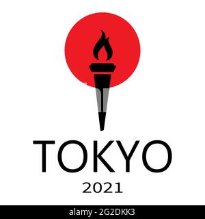 Olympische Fackel vor dem Hintergrund der japanischen Flagge und der Inschrift Tokyo 2021 isoliert auf weißem Hintergrund. Olympische Sommerspiele. Stock Vektor