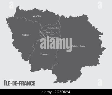 Ile-de-France Verwaltungskarte in Abteilungen mit Etiketten unterteilt, Frankreich Stock Vektor