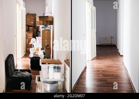 Raumaufdeckvorrichtung Vor Und Nach Dem Zimmer. Unordentliches Haus Stockfoto