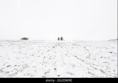 Eine Familie hat Spaß beim Rodeln auf Mill Hill in Shoreham-by-Sea, West Sussex nach einer leichten Schneedecke auf dem Boden. Stockfoto