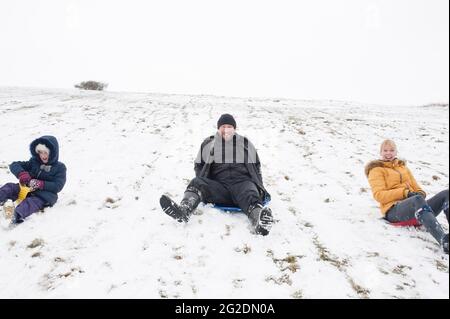 Eine Familie hat Spaß beim Rodeln auf Mill Hill in Shoreham-by-Sea, West Sussex nach einer leichten Schneedecke auf dem Boden. Stockfoto