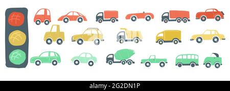 Großer Satz von Spielzeugautos flach einfache Cartoon-Stil Handzeichnung. vektor-Illustration Stock Vektor