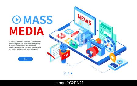 Massenmedien - modernes, farbenfrohes isometrisches Webbanner mit Platz für Text. Nachrichten, Journalismus und Kommunikation Idee. Notizen, Videokamera, Sprachaufzeichnung Stock Vektor