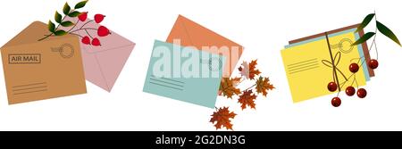 Set aus drei Illustrationen von Briefumschlägen mit Herbstblättern. Stock Vektor