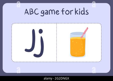 Kind Alphabet Mini-Spiele im Cartoon-Stil mit Buchstabe J - Saft. Vektor-Illustration für Spiel-Design - Schneiden und spielen. Lerne abc mit Flash-Karten für Obst und Gemüse. Stock Vektor