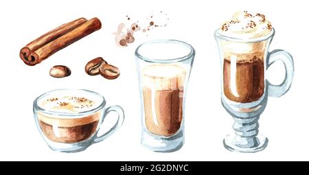 Kaffee mit Milchsatz. Zimt und Kaffeebohnen. Aquarell handgezeichnete Illustration, isoliert auf weißem Hintergrund Stockfoto