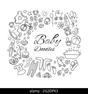 Von Hand gezeichnete Kritzeleien für Neugeborene. Nette Umrisssymbole auf weißem Hintergrund. Vektorgrafik. Stock Vektor