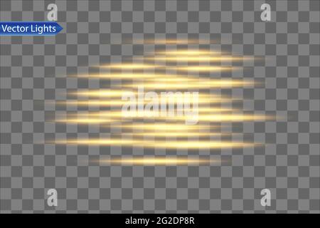 Gelbe horizontale Fackeln Packung. Laserstrahlen, horizontale Lichtstrahlen.schöne Lichtfackeln. Stock Vektor