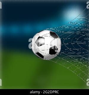 Ein Fußball im Netz. Isoliert auf dem Hintergrund eines Fußballfeldes. Stock Vektor