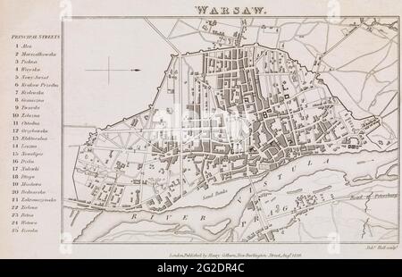 Warschau Karte, Warschau Stadtplan, Warschau Kunst, Europa Karte, Karte von Polen, Karte von Warschau, Poland Map Art, Vintage City Map, Poland Map, Retro Poland, 1828 Stockfoto