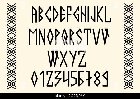 Skandinavische Schrift, in Großbuchstaben im Stil nordischer Runen. Modernes Design. Ein magischer Runen-Font im ethnischen Stil der nördlichen Völker Stock Vektor