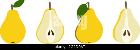 Birnengelb. Flacher Cartoon-Stil. Isoliert auf weißem Hintergrund. Vektorgrafik. Geschnittenes Obst mit Samen. Stock Vektor
