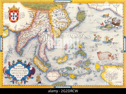 Antike Karten der Welt, Karte von Südostasien, Asien-Karte, Alte Karte von Asien, Alte Karte von Asien, Retro-Asien-Karte, Vintage-Karte, Abraham Ortelius, c 1590 Stockfoto