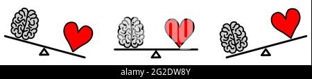 Niedliches Kawaii-Stil Gehirn und Herz auf Wippe Waage, ausgewogene oder eine Seite schwerere Version, Emotionen und rationales Denken Konflikt Konzept Stock Vektor