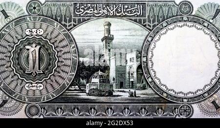 Auf der Rückseite einer ägyptischen Pfund-Banknote 1940 signierte Sir Norman Nixon mit einem Bild einer Moschee in der Mitte und dem Sphinx-Wasserzeichen. Übrige Währung von Stockfoto