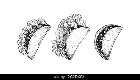 Satz handgezeichneter mexikanischer Tacos. Vektorgrafik im Skizzenstil Stock Vektor