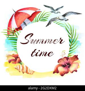 Sommerzeit. Handgezeichnetes Aquarelletikett Stockfoto