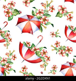 Rot-weiße Blumen und Schirme nahtlos Muster. Aquarell Stockfoto