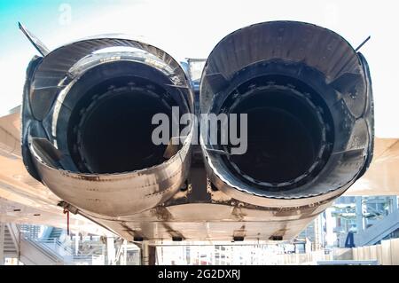 British Airways Concorde Rolls-Royce Snecma Olympus 593 Motoren im Intrepid Sea, Air and Space Museum in New York City. Stockfoto