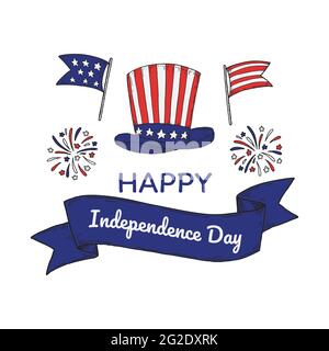 Happy USA Independende Day Design mit Fahnen und Mütze. Juli. Handgezeichnete Vektorgrafik Stock Vektor