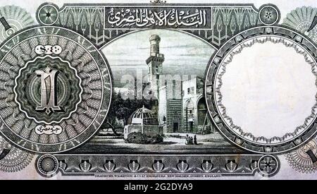 Auf der Rückseite einer ägyptischen Pfund-Banknote 1940 signierte Sir Norman Nixon mit einem Bild einer Moschee in der Mitte und dem Sphinx-Wasserzeichen. Übrige Währung von Stockfoto