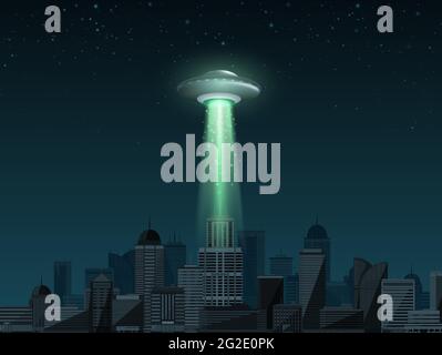 UFO-Raumschiff mit einem Lichtstrahl, der über die Stadt fliegt. UFO Tag Vektor Illustration Stock Vektor