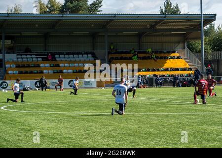 Rhosymedre, Wales 26. September 2020. JD Cymru Premier-Spiel zwischen Cefn Druids und Cardiff Metropolitan University. Stockfoto