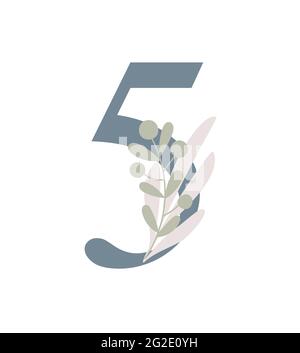 Zahl verziert mit Blumen, florale Monogramm Vektor-Illustration in einfachen Boho-Stil, flache pastellfarbene dekorative Schriftzug-Kollektion Stock Vektor